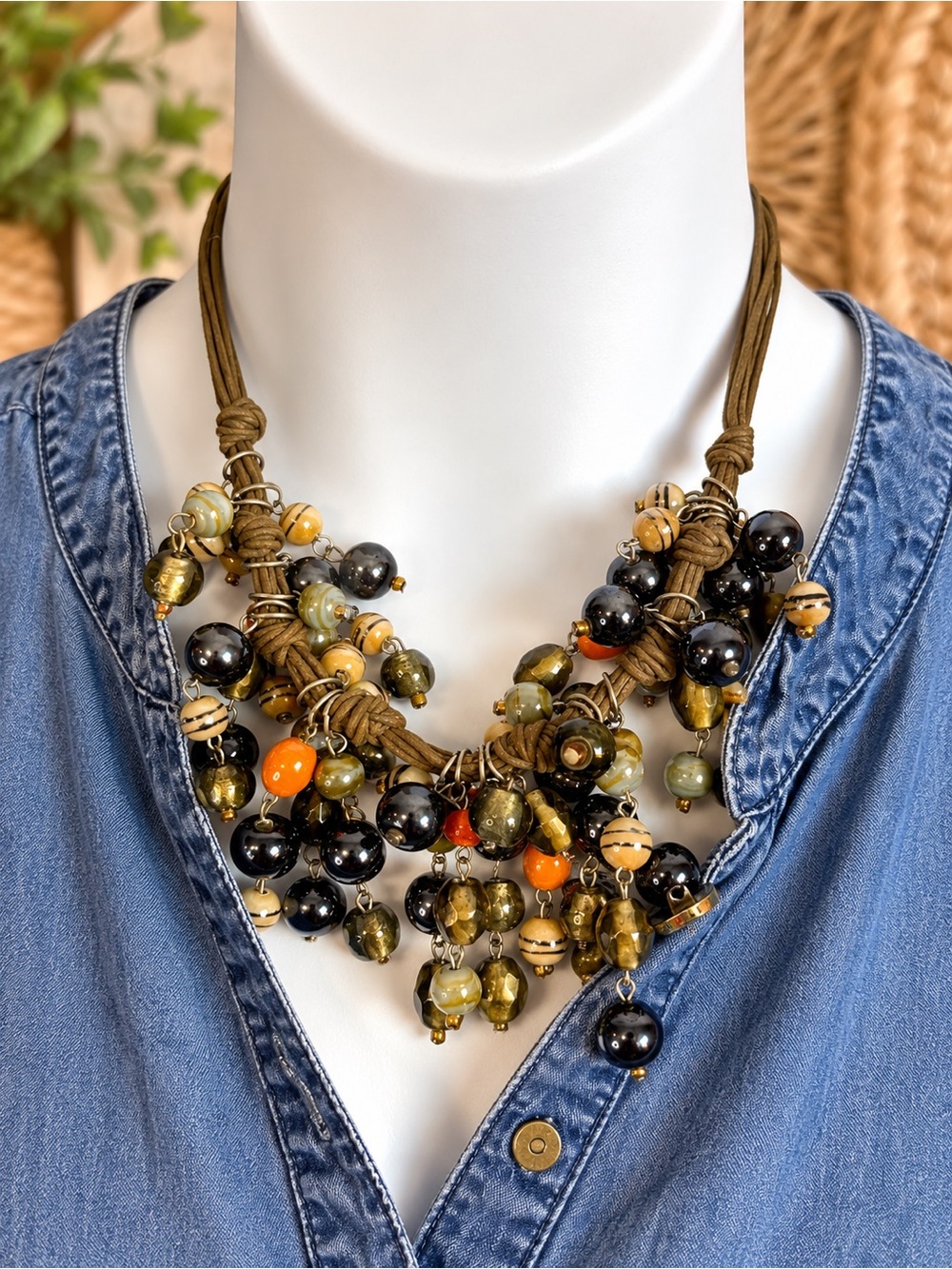 Boho Statement Beaded Bib Necklace Brown Cord Black Green Amber Beads